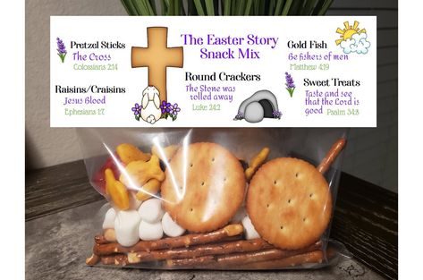 "Easter story in a snack mix! This is a beautiful Easter Snack tag and the bag topper is a wonderful craft for kids to assemble! It can help children understand the meaning of the Easter message.  Also, the Easter Snack Mix makes for a great gift for friends and family or as a favor on the children's Easter table.  This Easter Story Tag or Topper is 5\" high and 6.5 inches long unfolded. Folded the Favor Gift Tag is 2.5 inches x 6.5 inches. This is an instant purchase download and print item. No Easter Story Snack Mix Printable, Easter Story Snack, Easter Snack Mix, Easter Craft For Kids, The Easter Story, Easter Treat Bags, Easter Snacks, Easter Favors, Easter Messages