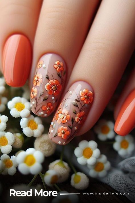 Bright Orange with Floral Accents Hands Care, Candy Corn Nails, Tulip Nails, Popular Nail Colors, Pumpkin Spice Everything Nice, Colourful Nails, Cuticle Care, Pumpkin Spice Everything, Floral Nail