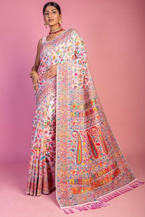 Baby Pink Handloom Weaving Kashmiri Pashmina Saree Pashmina Saree, Designer Sarees Wedding, Grey Saree, Navratri Chaniya Choli, Handloom Weaving, Indian Designer Sarees, Indian Party Wear, Lehenga Style, Traditional Saree