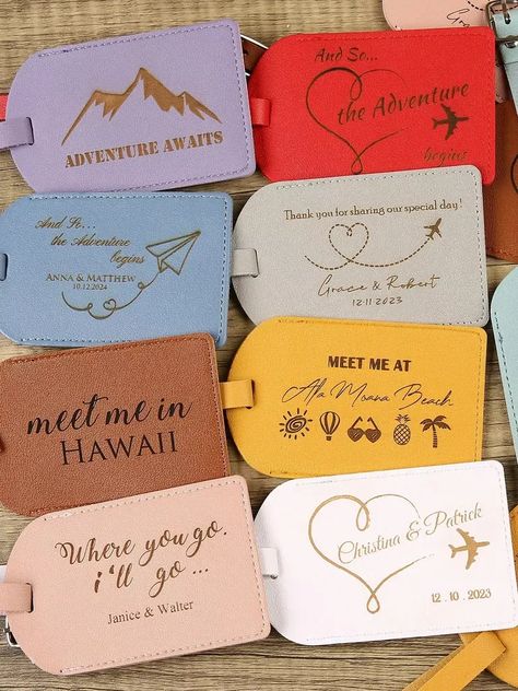 Colorful leather luggage tag with gold lettering personalized wedding favor Luggage Tag Wedding Favor, Luggage Tags Wedding, Summer Wedding Favors, Destination Wedding Favors, Groomsmen Gifts Unique, Bulk Wedding Favors, Groomsmen Gift Set, Best Wedding Favors, Personalized Wedding Favors