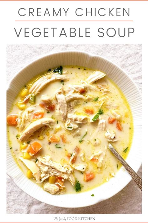 This easy Creamy Chicken Vegetable Soup is pure comfort food. Loaded with veggies, this creamy chicken soup recipe comes together in just 30 minutes. Chicken Soup Rotisserie Homemade, Soup With Chicken And Veggies, Leftover Chicken Soup Recipes Easy, Chicken Soup Leftover Chicken, Soups Made With Chicken Breast, Chicken Soup Made With Rotisserie Chicken, Creamy Chicken Vegetable Soup Crockpot, Creamy Chicken Vegetable Soup Recipes, Chicken Soup Meal Prep