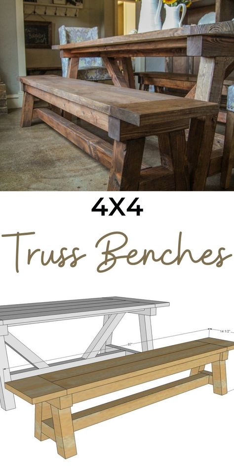 Diy Truss Beam Table, Dining Table Bench Diy, Farmhouse Bench Plans, Beam Bench, Farmhouse Bench Diy, Diy Dining Room Table, Kitchen Table Bench, Farmhouse Dining Room Table, Diy Dining Room