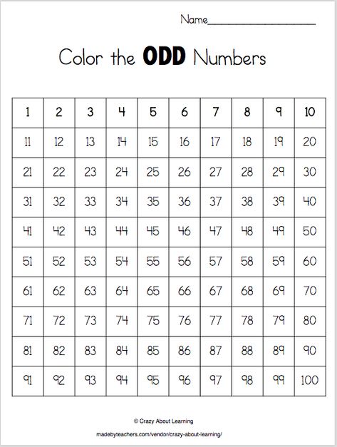 100s Chart - Color the ODD numbers Even Odd Numbers, Kumon Math, Number Worksheets Kindergarten, 100's Chart, Real Life Math, Alphabet Writing Practice, Math Sheets, Math Journal, 1st Grade Math Worksheets