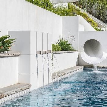 Modern Tunnel Pool Slide Swimming Pool Fountains, Outdoor Cabana, Modern Pool, Cape Cod Style House, Pool Water Features, Fountain Design, Pool Fountain, Pool Slide, Outdoor Entertaining Spaces