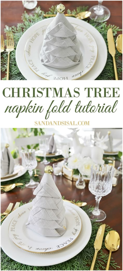 Christmas Tree Napkin Fold Tutorial - Sand and Sisal Tree Napkin Fold, Diy Napkin Folding, Christmas Tree Napkin Fold, Napkin Folding Tutorial, Christmas Tree Napkin, Christmas Napkin Folding, Christmas Tutorial, Tree Napkin, Diy Christmas Table