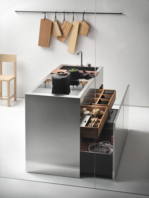 Small Living Kitchens – islands by Falper | Dezeen Showroom Minimal Kitchen Island, Large Luxury Kitchen, Steel Kitchen Island, Modern Minimal Kitchen, Kitchens Islands, Bulthaup Kitchen, Stainless Steel Kitchen Island, Kitchen Island Ideas, Small Kitchen Island