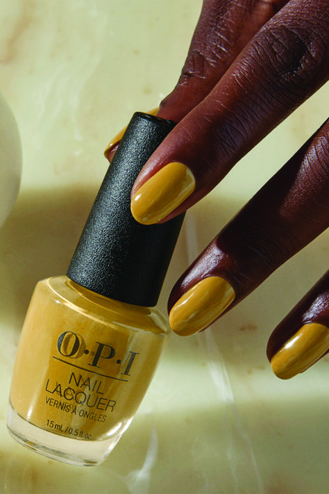 A warm crème yellow nail polish to wear all fall. Ochre the Moon by OPI. Dark Yellow Nails, Opi Fall 2023 Collection, Fall Yellow Nails, Dark Skin Nail Polish, Short Red Nails, Fall Pedicure, Nail Polish Art Designs, Opi Fall, Oval Nails Designs