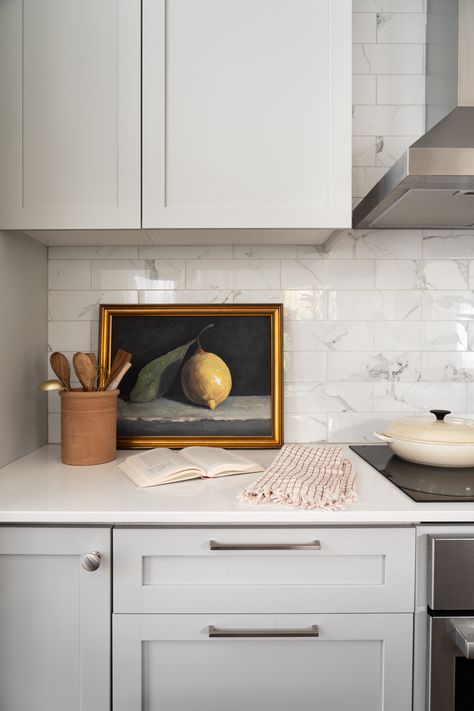 Kitchen vignettes are the perfect way to fill empty kitchen counter space and they look so beautiful. Designed by LUX decor Framed Art On Kitchen Counter, Empty Kitchen, Kitchen Counter Space, Lux Decor, Kitchen Vignettes, The Perfect Kitchen, Perfect Kitchen, Kitchen Photos, Home Additions