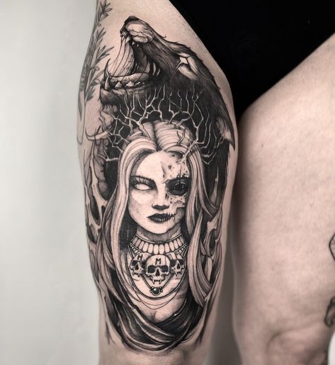 Melinoe Goddess Tattoo, Goddess Hel Tattoos, Norse Gods And Goddesses Tattoo, Hella Tattoo Norse Mythology, Hel Tattoo Design, Goddess Hel Art, Hel Tattoo Norse, Goddess Of Chaos Tattoo, Hel Norse Goddess Tattoo