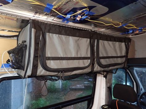 Adding Soft Modular Overhead Storage Cabinets to your Sprinter – RadVanAdventures.com Campervan Storage Ideas, F150 Build, Astuces Camping-car, Helpful Products, Cabin Storage, Best Campervan, Mb Sprinter, Van Rv, Cargo Trailer Conversion