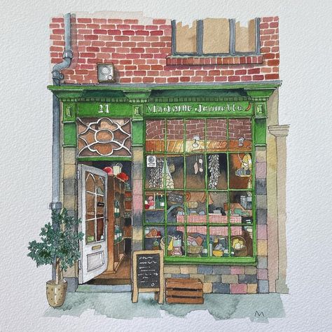 Tea House Illustration, Shop Front Drawing, Pubs In London, London Drawing, Watercolor House Portrait, Building Sketch, House Sketch, Shop Illustration, Architecture Drawing Art