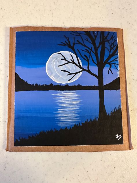 Crescent Moon Acrylic Painting, Moon And Trees Painting, Moon Painting Acrylic Night Skies, Gouche Painting Moon, Moon And Forest Painting, Big Moon, Painting Inspo, Bubble Gum, Gum