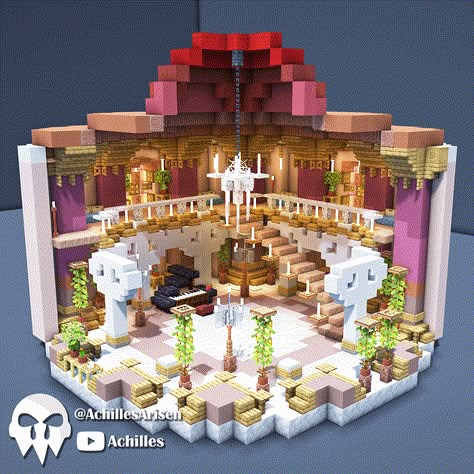 Minecraft Trading Hall Interior, Dragon Stables Minecraft, Ballroom Minecraft, Minecraft Ballroom, Minecraft Lobby Ideas, Minecraft Magical Builds, Staircase Minecraft, Minecraft Hotel, Royal Ballroom