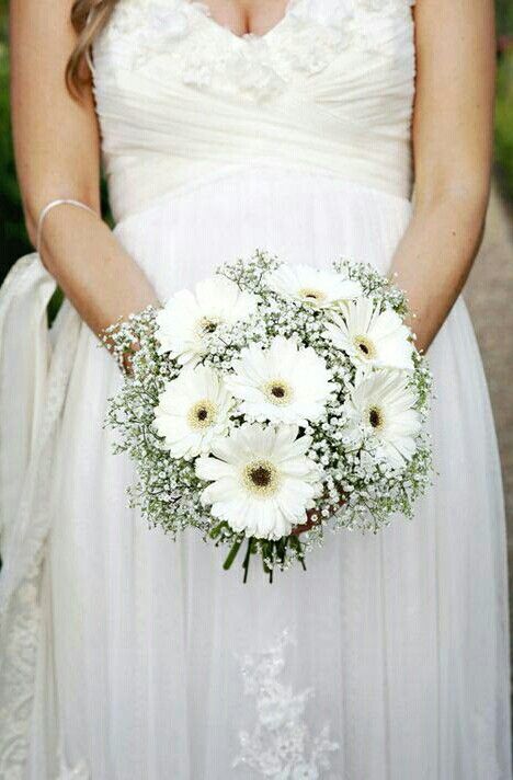 Rustic/Boho/Shabby Chic/Country Wedding Bouquet Showcasing: White Gerbera Daisies Surrounded By White Gypsophila (Baby's Breath) Country Wedding Bouquet, Daisy Bridal Bouquet, Daisy Bouquet Wedding, Country Wedding Bouquets, White Wedding Flowers Centerpieces, Gerbera Daisy Wedding, Chic Country Wedding, Wedding Flowers White, White Gerbera