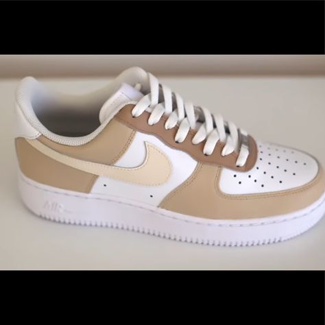 Highest Quality Paint Used On These Custom Nike Air Force 1s. With A Tan And Brown Color Way, Super Trendy!! Khaki Nike Shoes, Nike Air Force Brown, Brown Nike Air Force, Brown Nike Shoes, Brown Nike Air, Custom Nike Air Force, Pink Nike Shoes, Nike Air Force 1s, Nike Brown