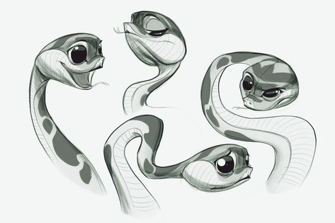 Snake Facial Expressions, Ester Conceicao on ArtStation at https://www.artstation.com/artwork/KrLymB Snake Reference, Reference For Drawing, Snake Sketch, Snake Illustration, Snake Drawing, Animal Caricature, Drawing Face, Cute Snake, Snake Art