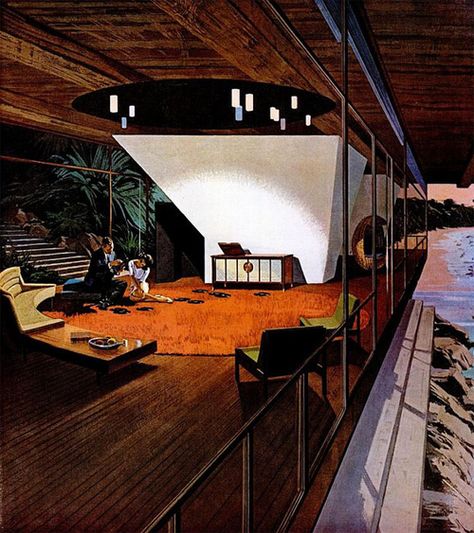 House Of The Future, Googie Architecture, Mid Century Illustration, Mid Century Architecture, Mid Century Modern Interiors, Retro Interior, Vintage Interiors, Vintage Interior, Retro Futuristic