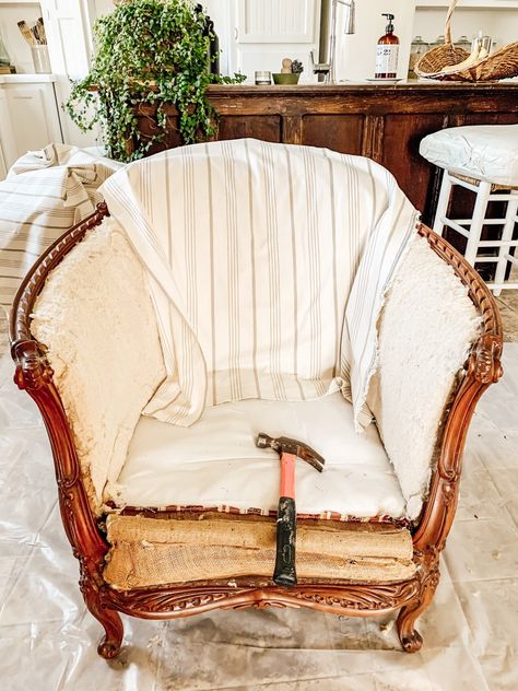 How to Deconstruct and Reupholster a Chair - Midcounty Journal Reupholster Chair Diy, Deconstructed Chair, Chair Reupholstery, Diy Furniture Upholstery, Reupholster Chair Dining, Furniture Reupholstery, Chair Redo, Reupholster Chair, Reupholster Furniture