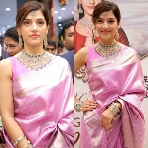 mehreen pirzada in pink silk saree at panjagutta0 Pink Saree With Jewellery, Saree For House Warming Ceremony, Jewellery For Pink Saree, Pink Silk Sarees, Saree With Sleeveless Blouse, Pink Saree Silk, Pink Silk Saree, Mehreen Pirzada, Saree Red