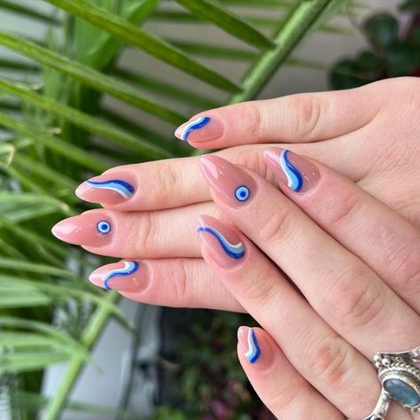 Evil Eye Nail Art Design, Greece Themed Nails, Evil Eye Gel Nails, Greek Eye Nails, Ojo Turco Nails, Ojo Nails, Turkish Eye Nails, Blue Evil Eye Nails, Evil Eye Nails Design