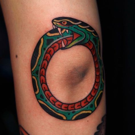 Elbow Tattoo Men Traditional, They Live Tattoo, Elbow Crease Tattoo, Traditional Tattoo Elbow, Traditional Tattoo Arm, Inner Elbow Tattoos, Trad Tattoos, Ouroboros Tattoo, Cuff Tattoo