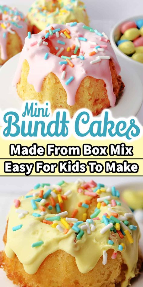 EASTER MINI BUNDT CAKES are made from a cake mix, and are the easiest Easter Desserts you'll ever make. Kids love to choose their own candy toppings and enjoy their very own cake. #minibundtcakes #minibundtcakerecipes #cakemixrecipes #easter #springdesserts Cute Mini Bundt Cakes, Mini Bundt Cakes From Cake Mix Boxes Funfetti, Mini Bundt Pan Ideas, Cake Mix Easter Desserts, Individual Birthday Cakes Ideas, Dash Mini Bundt Cake Recipes, Dash Bundt Cake Recipes, Cake Mix Mini Bundt Cake Recipes, Mini Bundt Cake Recipes From Mix Boxes