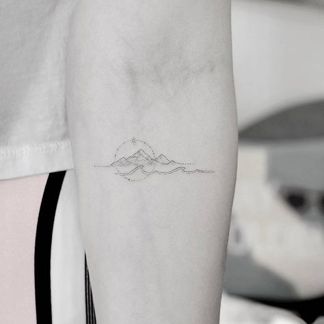 Little Tattoos on Instagram: “Mountains and waves, by @_dr_woo_ · H🌴DEAWAY at Suite X, Los Angeles 🇺🇸” Infinity Tattoo On Wrist, Grey Ink Tattoos, Geometric Mountain Tattoo, Dr Woo, Small Forearm Tattoos, Strength Tattoo, Best Tattoos For Women, Geniale Tattoos, Mandala Tattoo Design