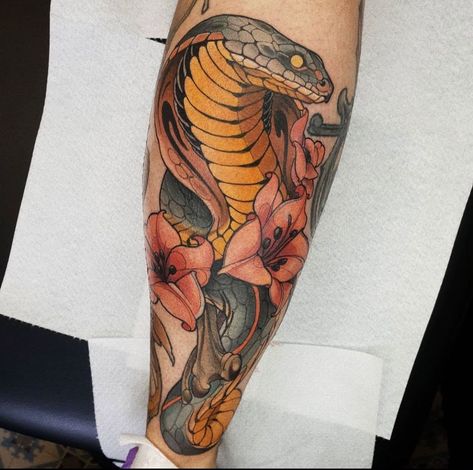 Unique American Traditional, Unique American Traditional Tattoo, Traditional Snake Tattoo, Japanese Snake Tattoo, Cobra Tattoo, Side Neck Tattoo, Tattoo Snake, Snake Tattoos, Traditional Style Tattoo