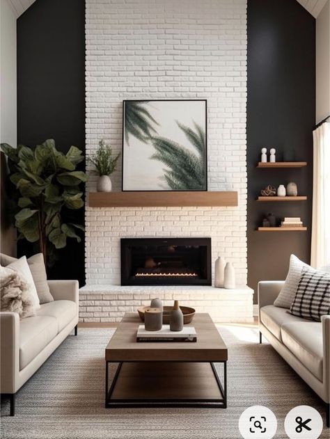 White Brick Inside House, Modern Living Room With Brick Fireplace, Dark Accent Wall White Fireplace, White Brick Wallpaper Fireplace, Wall Color With White Fireplace, White Fireplace Brick With Wood Mantel, Light Fireplace Dark Walls, Peppercorn Fireplace Brick, Wood Black And White Living Room