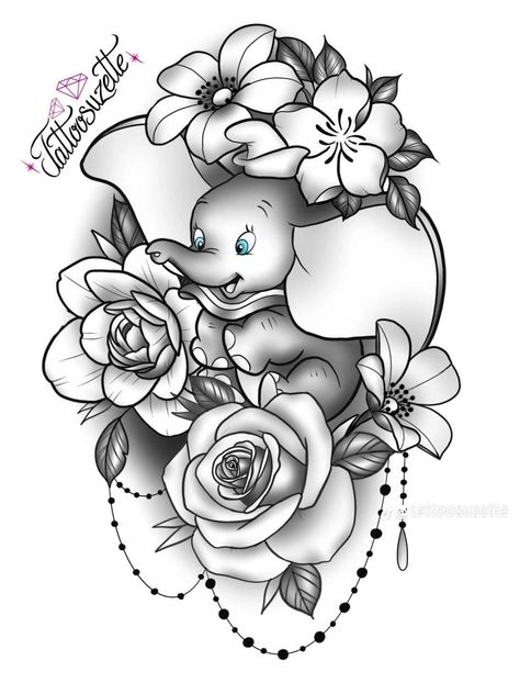 Thigh Tattoos Animals, Disney Thigh Tattoos For Women, Elephant And Flowers Tattoo Design, Elephant Fairy Tattoo, Disney Leg Tattoos For Women, Half Elephant Half Flower Tattoo, Mums Tattoo, Dumbo Mandala Tattoo, Uv Tattoos