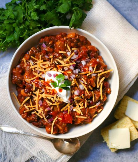 Three Bean Turkey Chili by Happily From Scratch - Three Bean Turkey Chili, Ground Turkey Chili, Turkey Chili Crockpot, Three Bean Chili, Turkey Chili Recipe, Bean Chili Recipe, Chili Recipe Turkey, Crockpot Chili, Turkey Chili