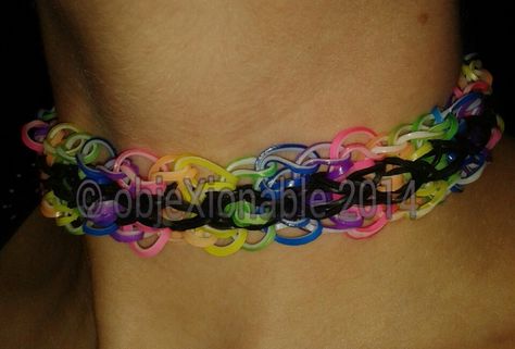 Rainbow loom choker necklace, rainbow and white twist bands and black centre band. Rainbow Loom Choker, Rainbow Loom Necklace, Loom Choker, Loom Necklace, Rainbow Loom Designs, Loom Designs, Loom Band, Loom Bands, Twisted Band