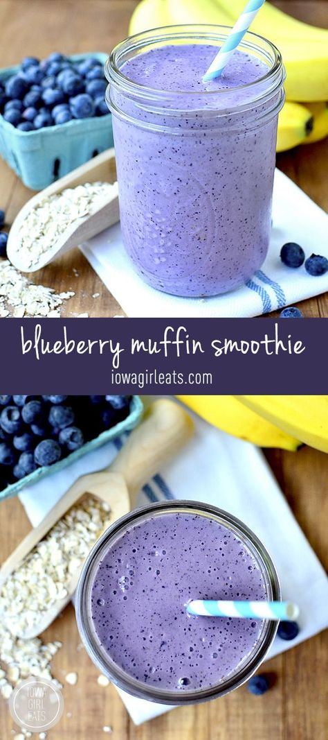 Skip the muffin and drink a healthy, gluten-free Blueberry Muffin Smoothie that tastes like one instead! #glutenfree | iowagirleats.com Blueberry Muffin Smoothie, Gluten Free Blueberry Muffins, Menu Sarapan Sehat, Resep Smoothie, Iowa Girl Eats, Healthy Shakes, Blueberry Muffin, Good Smoothies, Diet Vegetarian