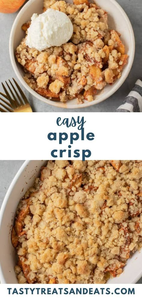 This easy apple crisp recipe without oats makes the perfect fall dessert. With fresh apples and a sweet crumble topping, it's so tasty! Apple Crisp With Crumble Topping, Easy Recipes With Fresh Apples, Bisquick Apple Cobbler With Pie Filling, Apple Crumble Crisp, Mini Apple Cobbler Recipes, Easy Apple Cobbler Recipe, Apples Desserts Easy, Easy Apple Recipes For Kids, Simple Apple Desserts Healthy