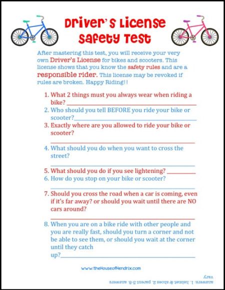 Kid's Driver's License and Test - Your child takes a simple "driver's safety test" and then receives their own printable Driver's License. Great way to teach responsibility. [the House of Hendrix} Licence Test, Summer Safety, American Heritage Girls, Driver Safety, Bicycle Safety, Bike Safety, Safety Rules, Road Safety, Activity Days