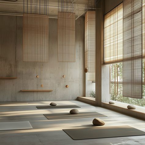 “Japandi style isn’t just seen, it’s felt; it promotes an interior calm as much as it does interior beauty.” A serene, minimalistic yoga studio that embodies the essence of Japandi design, blending Japanese and Scandinavian aesthetics. The space is characterised by its use of natural materials, particularly light wood and bamboo, creating a calming atmosphere with an earthy, neutral colour palette. The design emphasises simplicity, with hanging screens and panels that divide the room subtly,... Room Divider Japanese, Japanese Yoga Studio, Japandi Yoga Studio, Japanese Screen Divider, Japandi Ideas, Yoga Space Design, Pilates Room, Studio Aesthetic, Yoga Studio Design