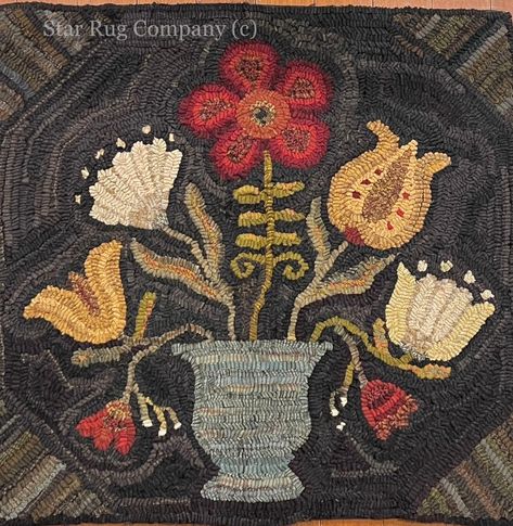 ~Star Rug Company rug hooking pattern ~                          ** Tyler Flower Basket  ** This is for the pattern, Tyler Flower Basket,  a Star Rug Company original. The pattern is 27.5 x 28.5 inches in size and  is hand drawn on natural primitive linen from Searsport .  Included with the pattern is a color picture of the finished rug.  Additional pictures can be seen on my Facebook page, Star Rug Company. (This is not a rug hooking KIT nor the actual rug.  Wool will not be provided with this Punch Hooking, Colonial Crafts, Wool Hooking, Rug Hooking Frames, Primitive Pictures, Rug Hooking Patterns Primitive, Wool Patterns, Rug Hooking Kits, Rug Hooking Designs