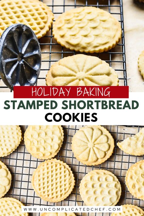 An image of Stamped Shortbread Cookies Authentic Scottish Shortbread, Stamp Cookie Recipe, Stamped Cookie Recipe, Stamped Christmas Cookies, Christmas Shortbread Cookies Recipes, Cookie Stamp Cookies, Stamped Cookies Recipe Holidays, Stamped Shortbread Cookie Recipe, Stamped Cookies Recipe