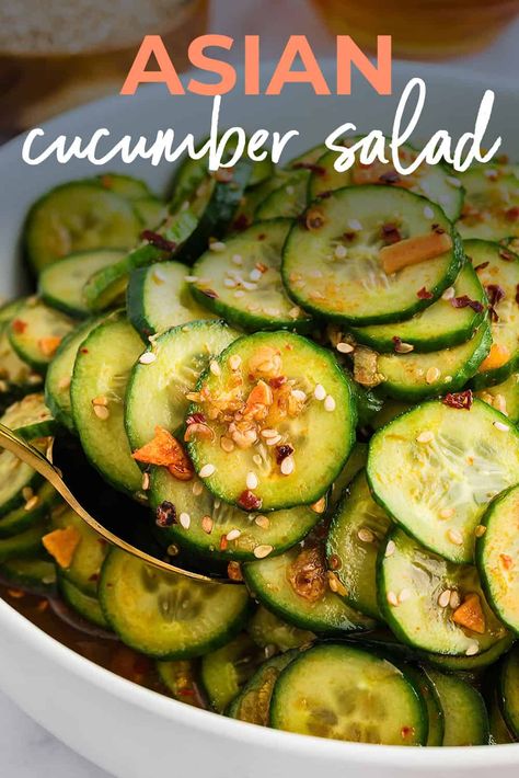 This Asian cucumber salad is a simple side dish that packs big, bold flavor! Made with sliced cucumber, garlic, and a savory, tangy, sweet, and spicy Asian inspired dressing! Different Cucumber Salads, Peanut Butter Garlic Cucumber Salad, Cucumber Ginger Salad, Peanut Sauce Cucumber Salad, Cucumber In A Jar Recipes, Ways To Use Up Cucumbers, Jalapeno Cucumber Salad, Jalepeno Popper Cucumber Salad, Hawaiian Cucumber Salad