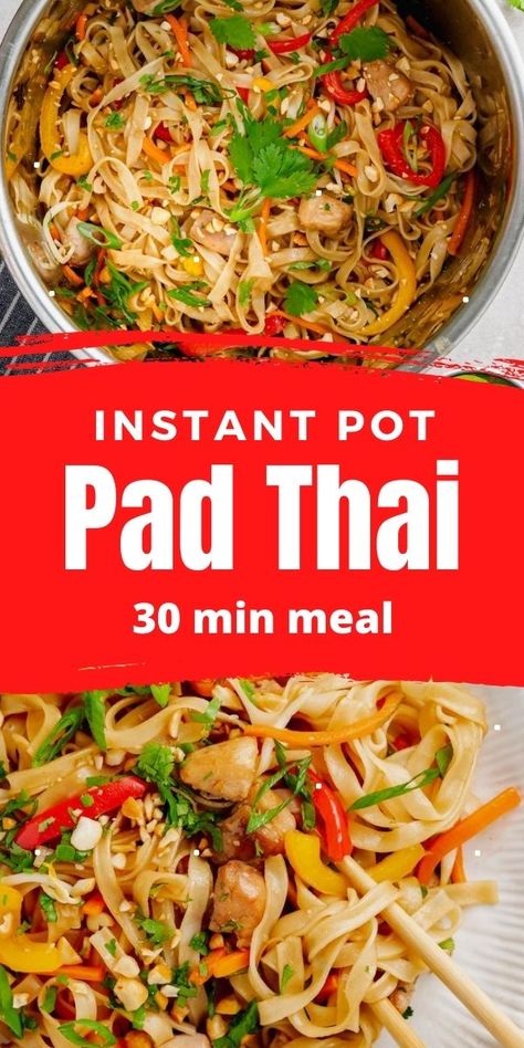 A collage pin image for instant pot pad thai, with the pad thai in an instant pot liner Instant Pot Pad Thai, Week Meals, Chicken Pad Thai, Pot Recipes Healthy, Best Instant Pot Recipe, Healthy Family Meals, Easy Instant Pot Recipes, Instant Pot Dinner Recipes, Insta Pot