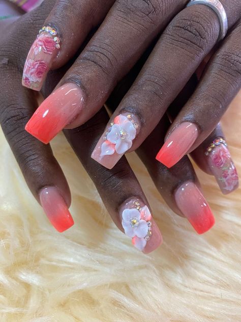 #coffinnails #ombrénails #Nails #pink #orange #longnails #cute Ombré Nails With Flowers, Pink Nails Birthday, Pink Orange Nails, Orange And Pink Nails, Pink Ombré Nails, Nails With Flowers, Nails Birthday, Ombré Nails, Pink Ombre Nails