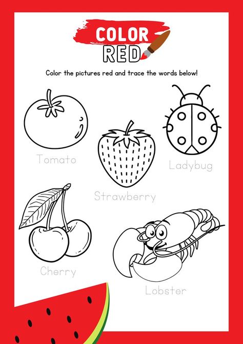 Red Coloring and Tracing Worksheet Jolly Phonics Printable, Fun Preschool Worksheets, Dinosaur Crafts Preschool, Color Worksheets For Preschool, Summer Preschool Crafts, Fun Worksheets For Kids, Preschool Colors, Kindergarden Activities, Jolly Phonics