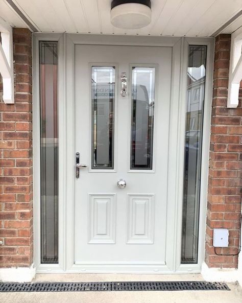 Front Door Ideas White, Cream Front Door, Front Door Bungalow, Cream Composite Front Door, Door Handles Exterior Front Entrances, Uk Front Door, Grey Composite Front Door White Frame, Front Doors With Glass Panels, White Front Door Uk