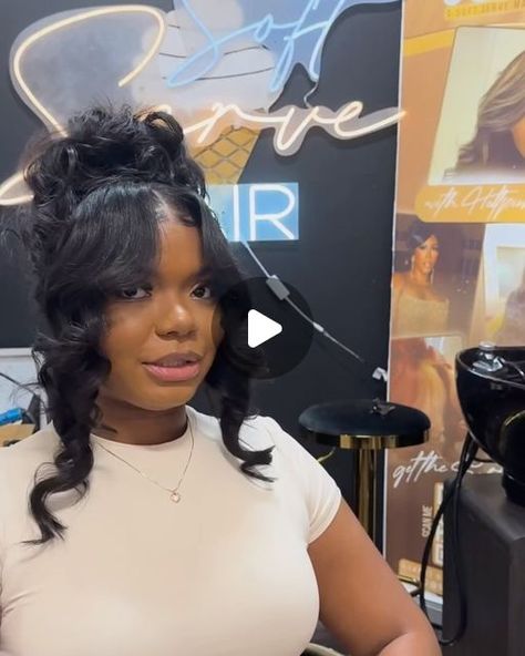 Ponytail With Bangs Hairstyles For Black Women, Side Part Updo Black Women, Updo With Bangs For Black Women, Asia Hairstyle, Ponytail With Bangs For Black Women, Pin Up Hairstyles For Black Women, Updo With Bang, Curly Ponytail Weave, Side Part Updo