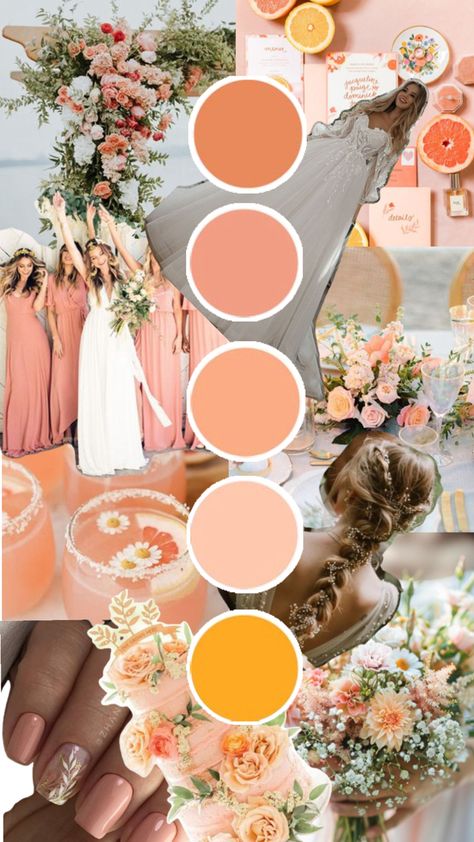 Summer wedding with a citrus twist Light Pink And Orange Wedding Theme, Summer Sunset Wedding Theme, Peach Wedding Colors Palette, Pink Wedding Theme Color Schemes, Apricot Wedding Theme, Peach Yellow Wedding, Peach Orange Wedding, Citrus Wedding Theme, Citrus Themed Wedding