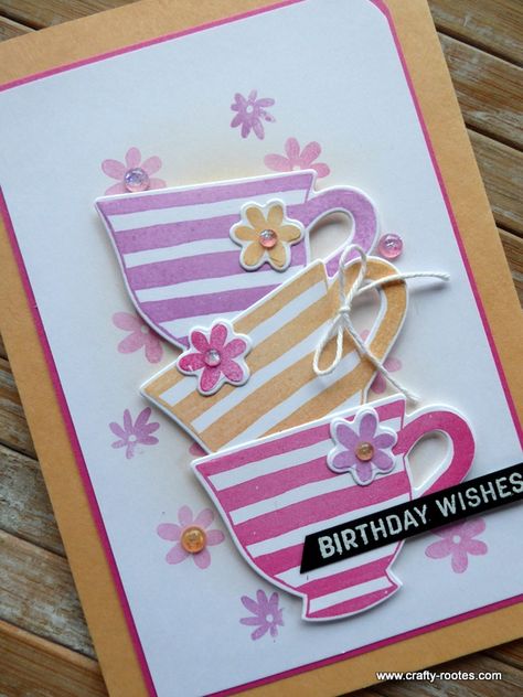 Pastel Stripy Teacups card - Crafty-rootes Teacup Cards, Bd Card, Tea Boutique, Tea Cup Card, Inspiration Videos, Pastel Birthday, Hand Stamped Cards, Coffee Cards, Birthday Cards For Women