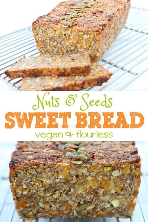 Nuts & Seeds Sweet Bread vegan flourless: this bread is a mix between an energy bar and an healthy trial mix. Loaded with good fats and nutrients. Nut And Seed Bread Recipe, Bread Machine Recipes Healthy, Seeded Bread Recipes, Fodmap Foods, Bread Bar, Fruit Spread, Seed Bread, Energy Bar, Fruit Bread