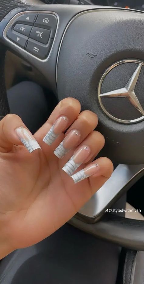 White And Gray Nails Acrylic, Gray French Tip Nails Acrylic, White French Tip Tapered Square Nails, Gray Tips Nails, Gray Nails French Tips, Graphic French Tip Nails, Gray Square Nails, Gray French Nails, Gray French Tip Nails