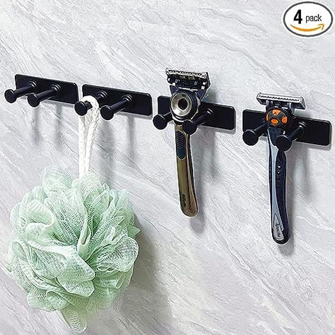 Amazon.com: pickpiff 4-Pack Shower Hooks for Inside, Extra Sticky Stainless, Razor Holder Wall Mounted, Shower Accessories, Self-Adhesive Double Hooks for Razor, Loofah, Towel, Shaver, Coat, Key, Matt Black : Home & Kitchen Razor Holder, Adhesive Wall Hooks, Shower Hooks, Waterproof Wall, Utility Hooks, Robe Hook, Shower Accessories, Towel Hooks, Hanging Hooks