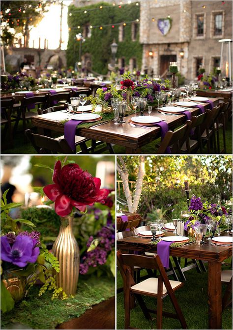 red and purple wedding! Love these colors together with the green :-) Medieval Wedding Ideas, Purple Steampunk, Steampunk Medieval, Bouquet Champetre, Purple Wedding Decorations, Medieval Party, Storybook Wedding, Purple Wedding Theme, Medieval Wedding